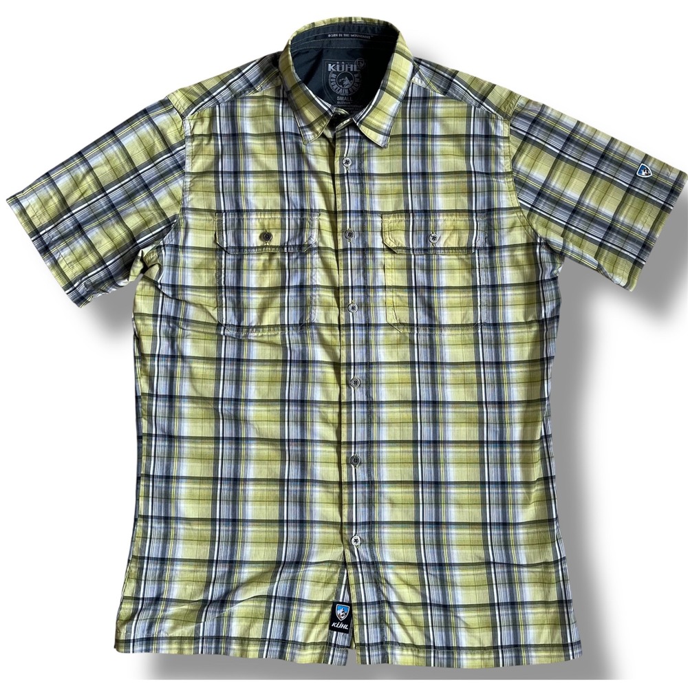 Kuhl Eluxur Mens Small Short Sleeve Plaid Button Down‎ Shirt Yellow Grey Hiking